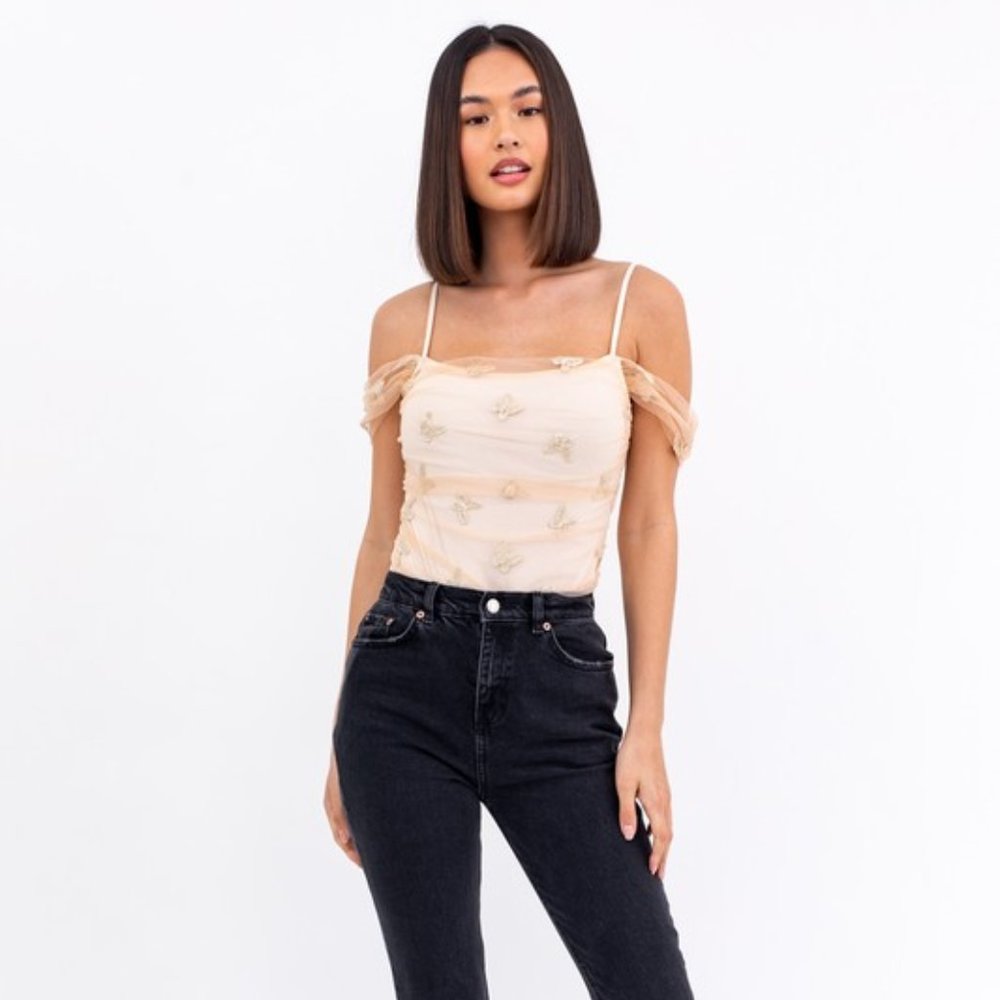 BUTTERFLY EMBROIDERED MESH BODYSUIT
